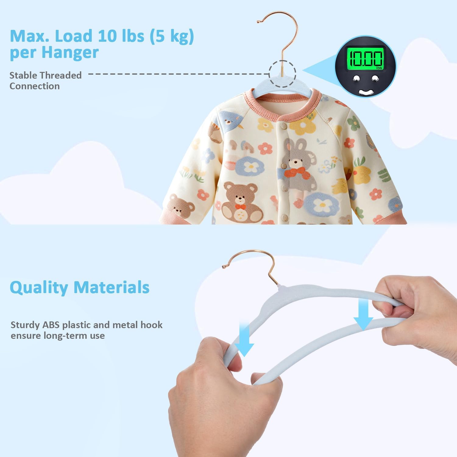 Tonswachic 11-Inch Baby Closet Hangers - Soft Velvet Non-Slip Design with 10 Clips | Blue 30-Pack
