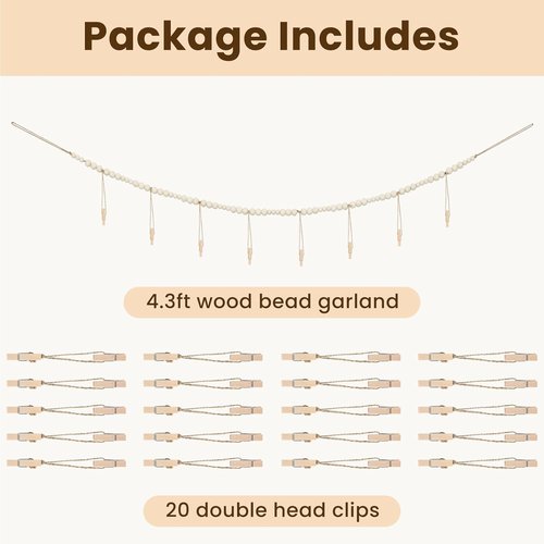KLOGTSIND Hanging Photo Display - Boho Wooden Beads Garland with 28 Clips | Perfect for Room Decor & Gifts