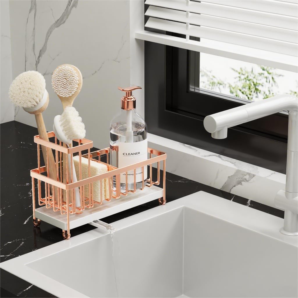 Cisily Kitchen Sink Caddy Organizer - Rustproof 304 Stainless Steel with High Brush Holder | Rose Gold, 9.25”