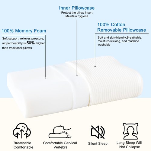 YOUR MOON Memory Foam Travel Pillow, Pure Cotton Cover, Ergonomic Wave Compressible Camping Pillow for Sleeping, Portable Backpacking Neck Support Pillows for Hiking, Car & Airplane (Off White)