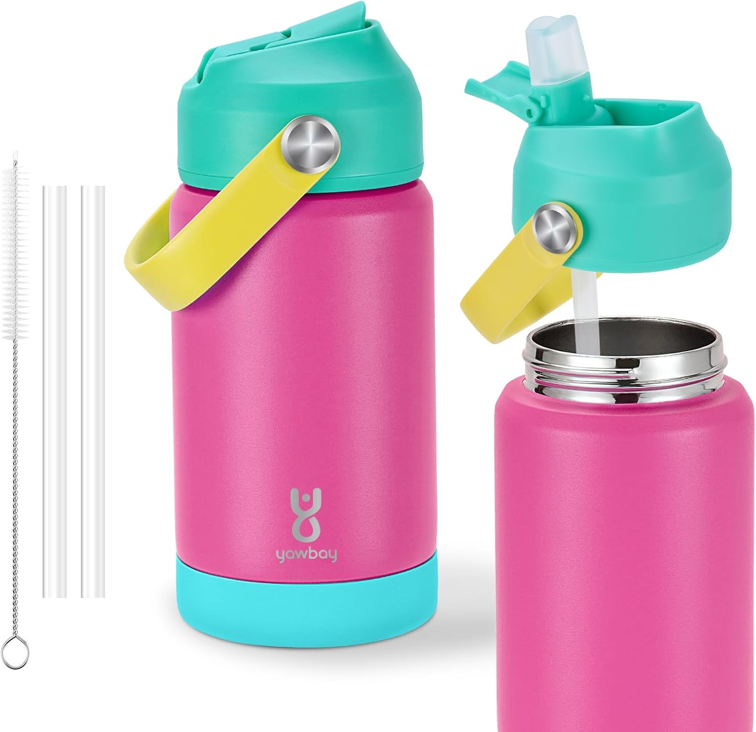 Skiennix Kids Insulated Water Bottle - 12oz Leak-Proof Design with Straw Lid & Silicone Handle | Rose Pink