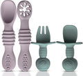 HippoBaby Silicone Baby Spoons Set - Self-Feeding Utensils for 6-12 Months - BPA Free, Dishwasher Safe | Light Pink & Army Green