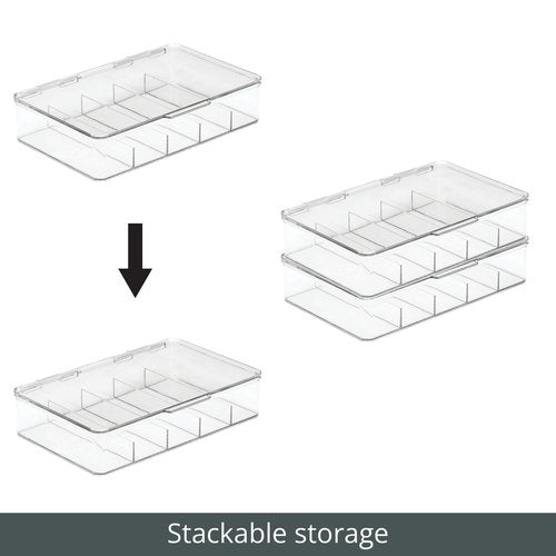mDesign Plastic Divided Stackable Hair, Makeup & Jewelry Organizer Box with Hinge Lid for Bathroom Vanity Countertop - 5 Sections - Stores Hair Clips, Barrettes - Ligne Collection - 2 Pack - Clear