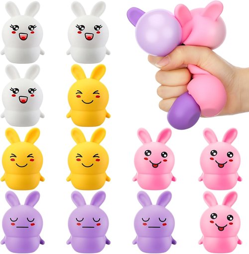 Meooeck 12 Pcs Easter Bunny Mini Squeeze Balls Easter Basket Stuffers, Egg Fillers, Rabbit Stress Balls for Adults Stress Relief Fidget Party Favors Gifts Office ADHD Autism Anxiety