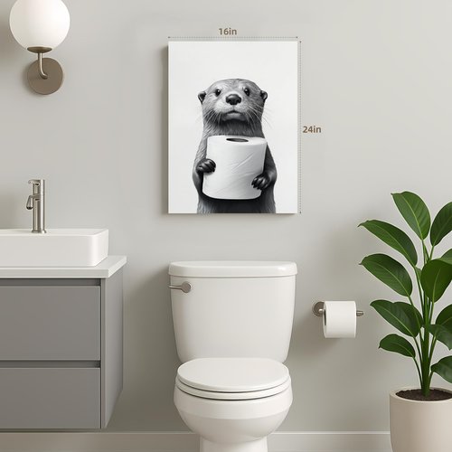 IAFWZX Funny Bathroom Wall Art - Black and White Otter Holding Toilet Paper | Cute Canvas Decor 12"x16"