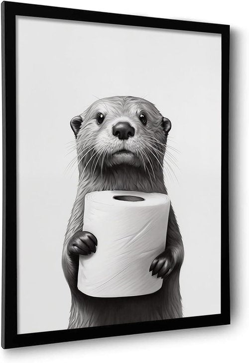 ILLBDR Bathroom Wall Art - Humorous Black and White Otter Canvas Print | Framed 8"x10" Decor