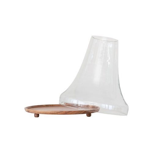 Creative Co-Op Reclaimed Glass Cloche with Mango Wood Base, Natural, Large, Clear