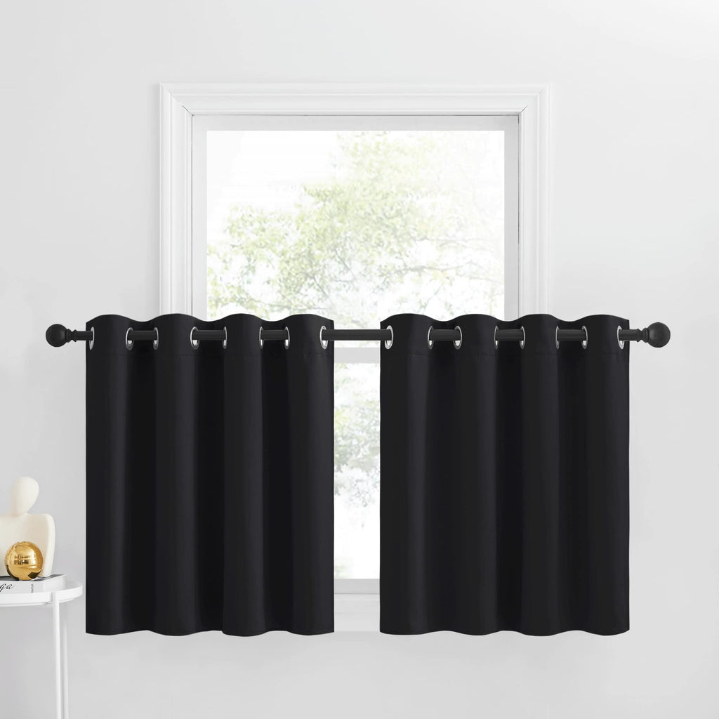 NICETOWN Short Tiers Blackout Curtains for RV Bedroom Windows, Room Darkening Grommet Curtain Tiers for Basement/Bedroom/Halloween Decor, 52 W x 30 L, Black, Set of 2