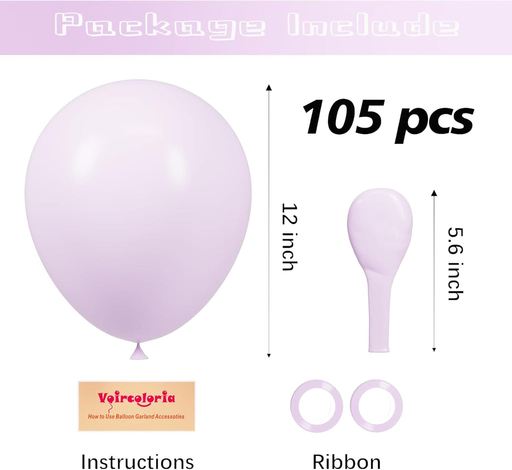 Voircoloria 105pcs Pastel Purple Balloons - 12 Inch Latex Party Balloons for Birthdays & Celebrations
