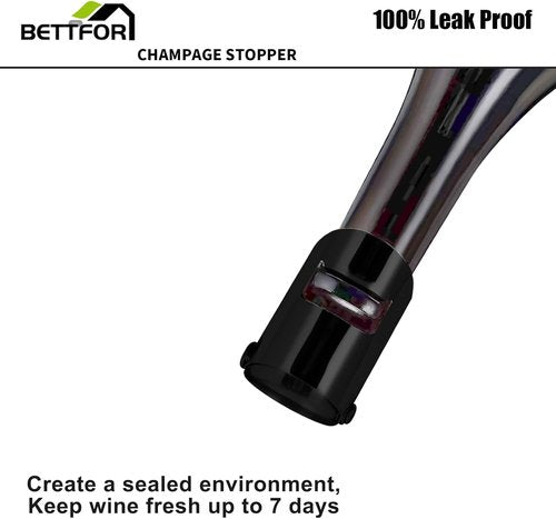 Champagne Stoppers with Stainless Steel Champagne Saver with Food Grade Silicone Leak proof Keep Fresh Suitable for Champagne, Cava, Prosecco and Sparkling(Black, 2 Pack)