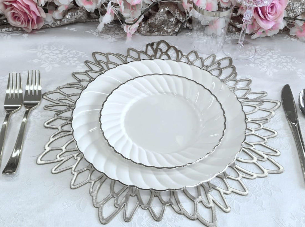Occasions 40 Pieces Pack Pressed Vinyl Metallic Placemats/Wedding Accent Centerpiece Placemat (Silver Leaf)