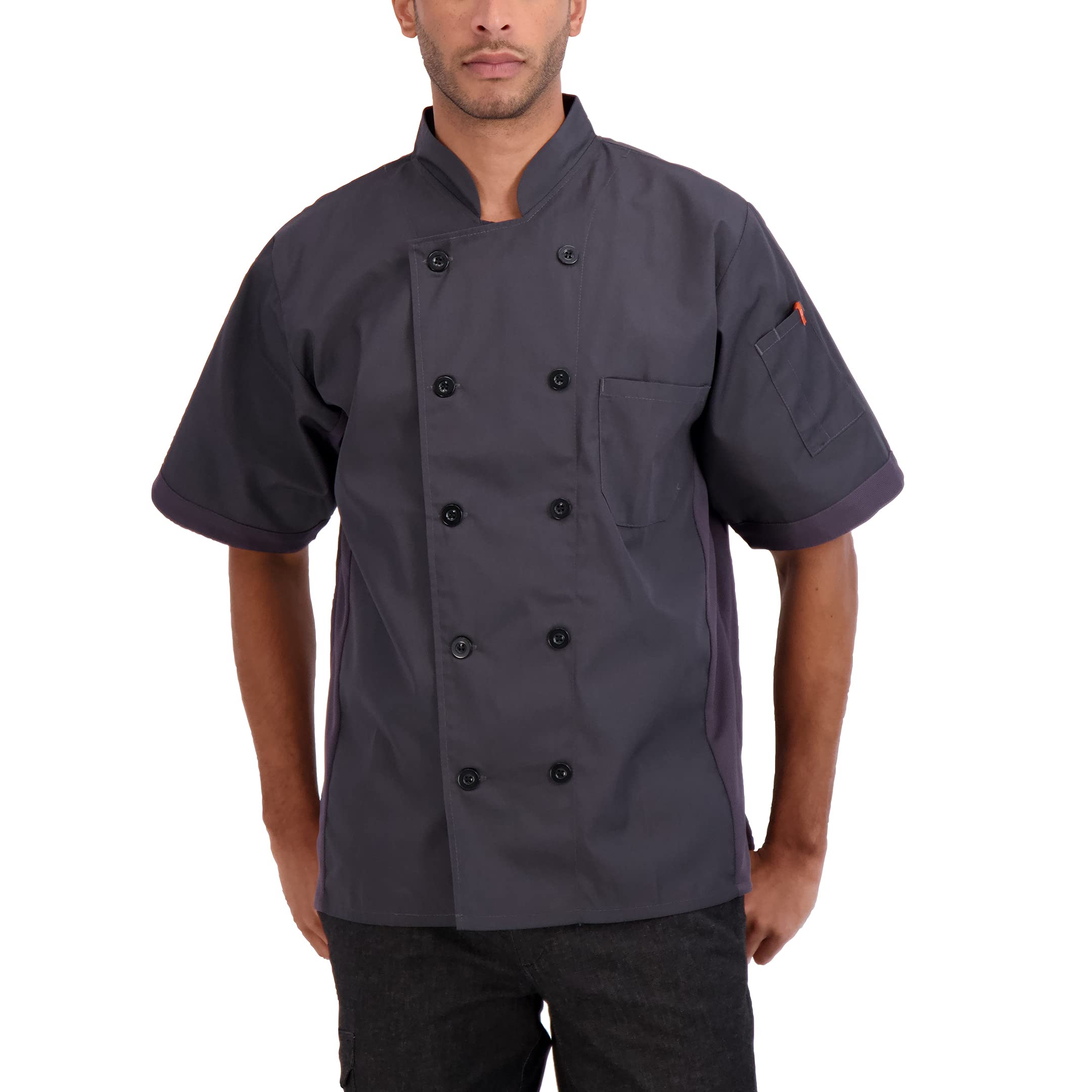Happy Chef Men's Microvent Short Sleeve Lightweight Chef Coat, Charcoal, Large