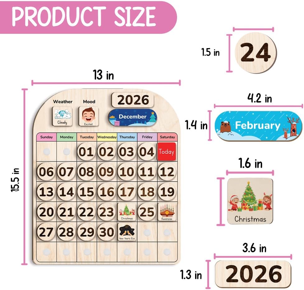 TinyKidz Wooden Calendar - Educational Toddler Calendar for Home & Classroom | Months & Days Learning Tool