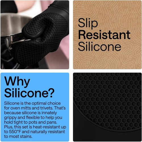 Gorilla Grip Silicone Oven Mitts Set - BPA-Free, Heat Resistant & Waterproof | 4-Piece Black Cooking Gloves
