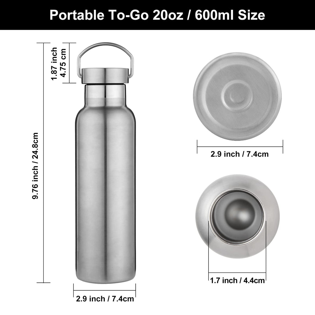 Neihepal Silver Stainless Steel Water Bottles,20 Ounce Vacuum Insulated Double Wall Travel Bottle with Leak Proof Lid of Handle,Metal Reusable Standard Mouth Flask Thermoses for School,Hikers,Gift