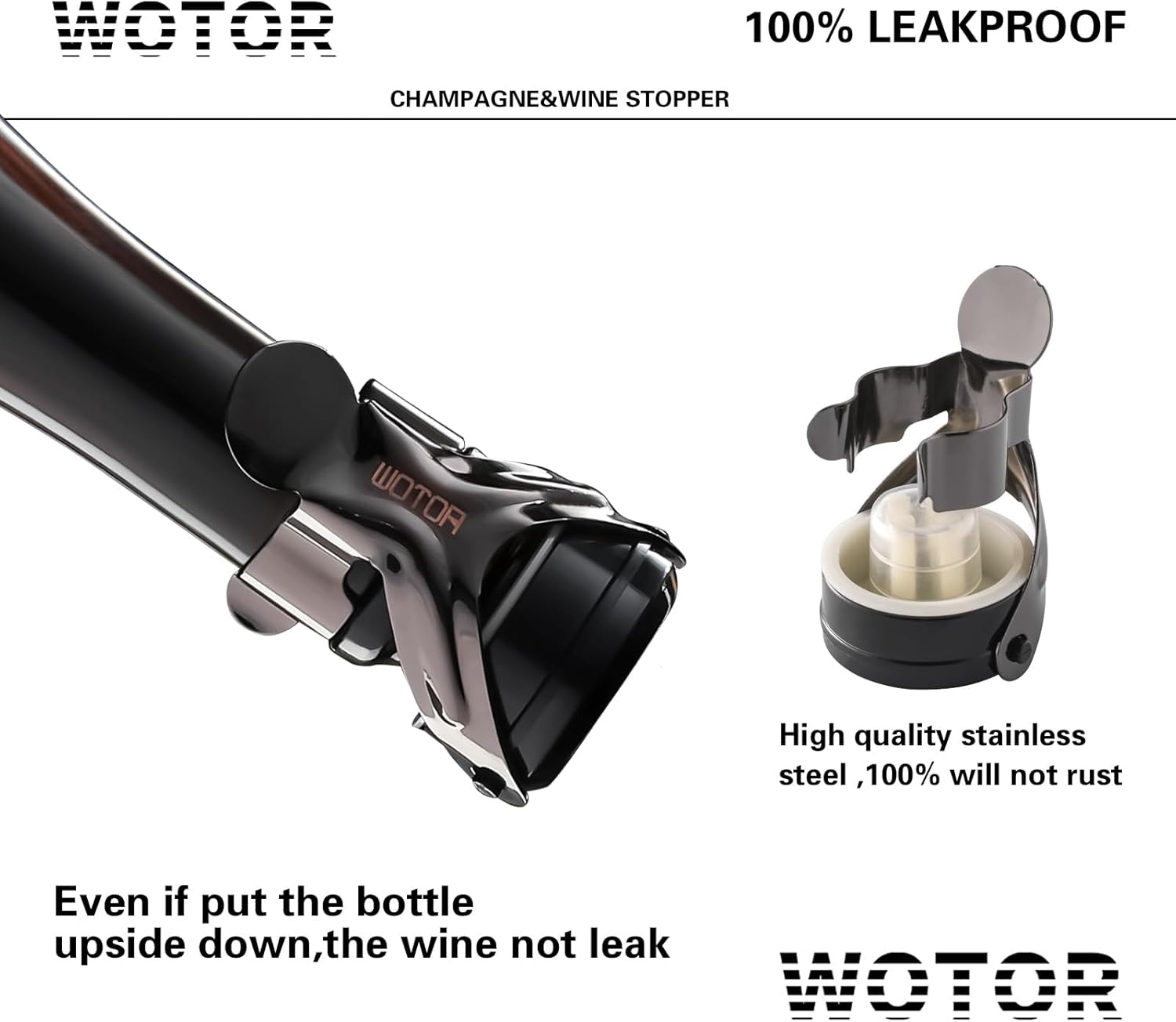 WOTOR Champagne&Wine Bottle Stoppers Stainless Steel with Food Grade Silicone, Leak Proof Keep Fresh Reusable Saver, Cork Suitable for Wine, Champagne, Cava, Prosecco and Sparkling (4 Pack Black）