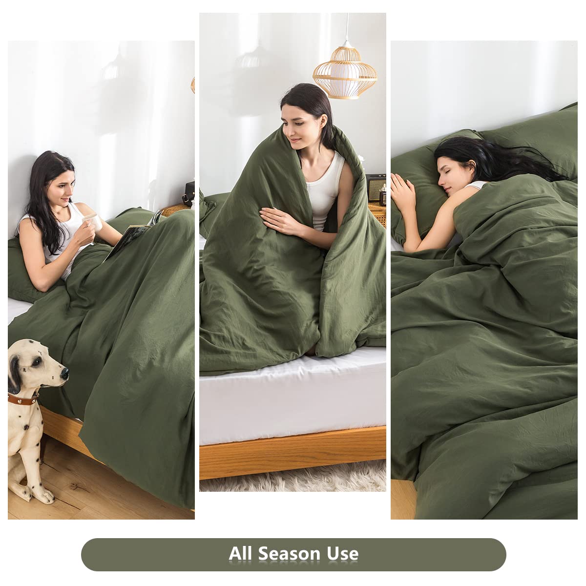 COTTEBED Ultra-Soft King Bedding Comforter Sets Bed, All Season Use Light Weight with Warm Fluffy Washed Cotton Microfiber,1 Bed Blanket Comforter & 2 PillowSham(King/California King Dark Olive Green