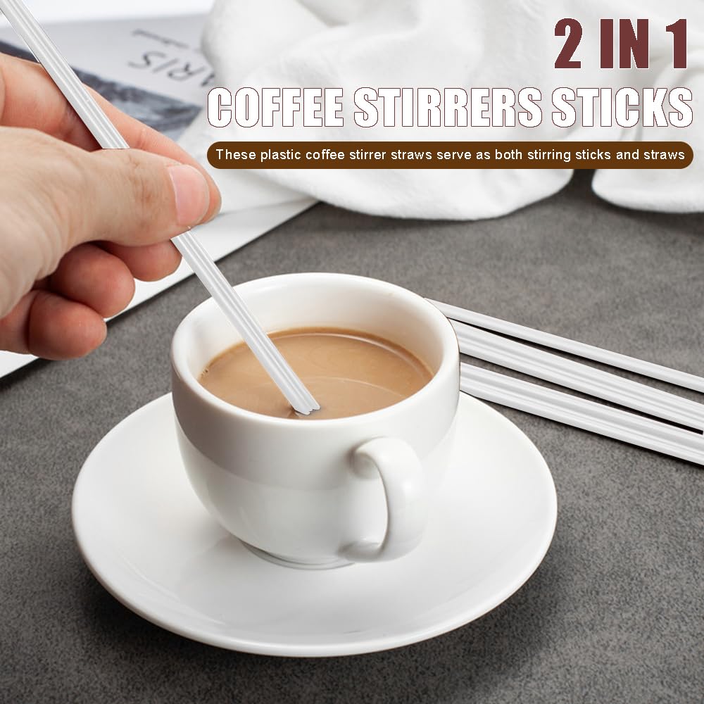Ouliget Three Hole Coffee Stirrers Sticks Individually Wrapped,2 in 1 Disposable Plastic Coffee Straw for Coffee Milk Tea Cocktail Party Drinking Supplies,7.3 Inches (White)