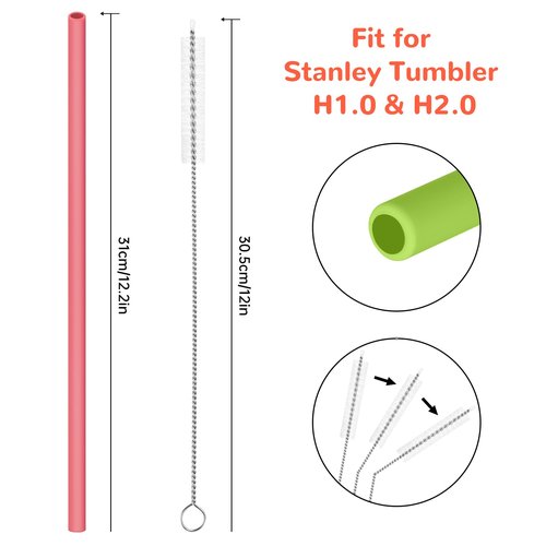 Tomorotec 15-Pack 12" Reusable Silicone Drinking Straws for Stanley Tumblers 20oz, 30oz, 40oz with 2 Cleaning Brushes, BPA-Free Food-Grade Vibrant Colors Flexible Straws for Family Use (Watermelon)