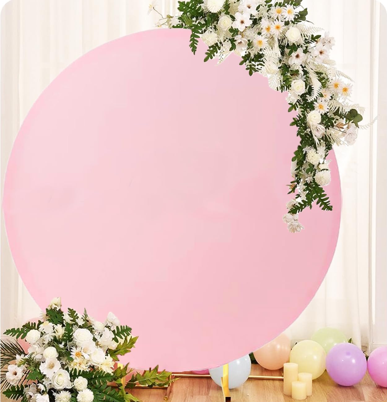 Skiennix 6.6 FT Round Backdrop Cover - Pink Spandex Wedding Circle Arch for Baby Showers & Parties