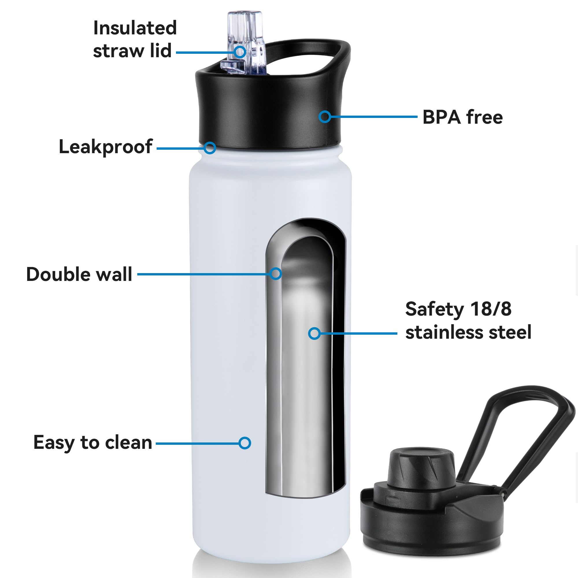 VEGOND 24oz Insulated Stainless Steel Water Bottle with Straw Lid, Double Wall Vacuum Insulated, Ideal for Hiking, Gym, Work, or Home Use, White 8 Pack