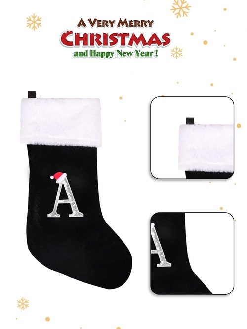jargebur 20 Inches Initial Monogram Christmas Stocking Personalized,Deluxe Black Velvet Body with Super Soft Plush Cuff Embroidered Letter,Holiday Season Decor (Black, Letter A)