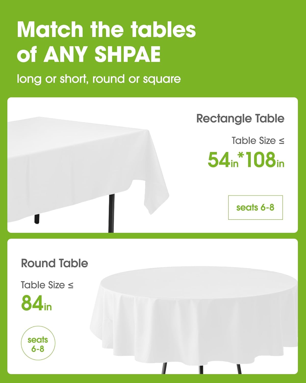 Pureegg Table Cloth Set - 8 Waterproof Disposable Tablecloths (54"x108") & 2 Decorative Cheesecloth Runners (35"x120") | Perfect for Parties, Picnics & Weddings in White & Sage