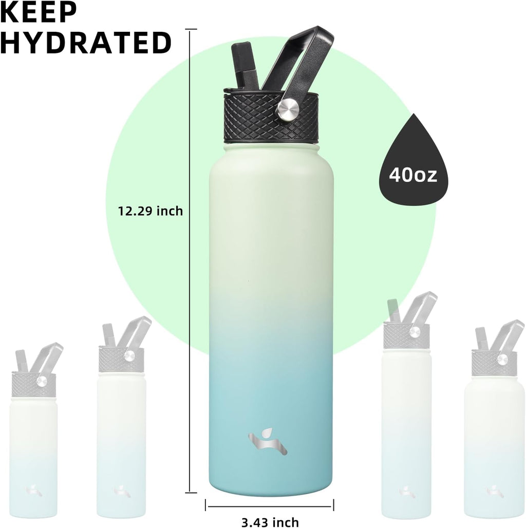 Skiennix 40oz Insulated Stainless Steel Water Bottle - Durable Sport Bottle with 3 Lids | Mint Color