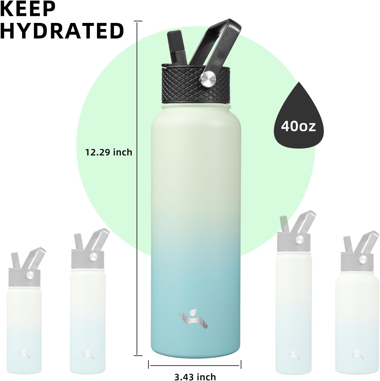 Skiennix 40oz Insulated Stainless Steel Water Bottle - Durable Sport Bottle with 3 Lids | Mint Color
