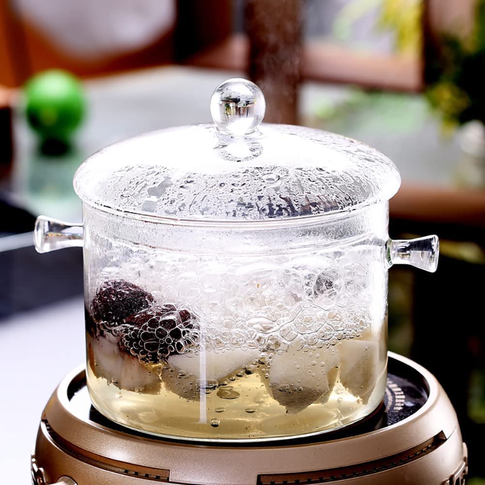Glass Cooking Pot - 2L/67oz Heat-Resistant Borosilicate Glass Handmade Cookware Set stovetop Pot - Safe for Pasta Noodle, Soup, Milk (1900ml - Double-handled pot)
