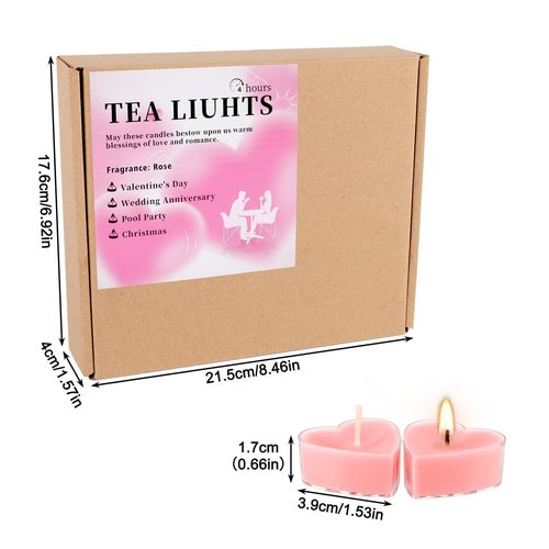 50-Pack Pink Heart Tea Wax (4-Hour Burn) - Rose-Scented Candles for Valentine's Day, Anniversaries, Weeding,Pool Parties & Romantic Decor & Special Occasions.