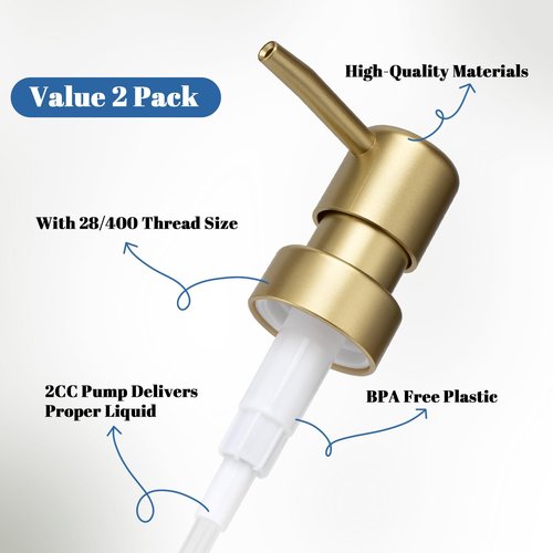 Soap Dispenser Pump Replacement for Standard 28/400 Thread Size Kitchen Soap Dispenser Pump Head for Regular Mouth Bottle Bathroom Countertops,2 Pack(Gold)