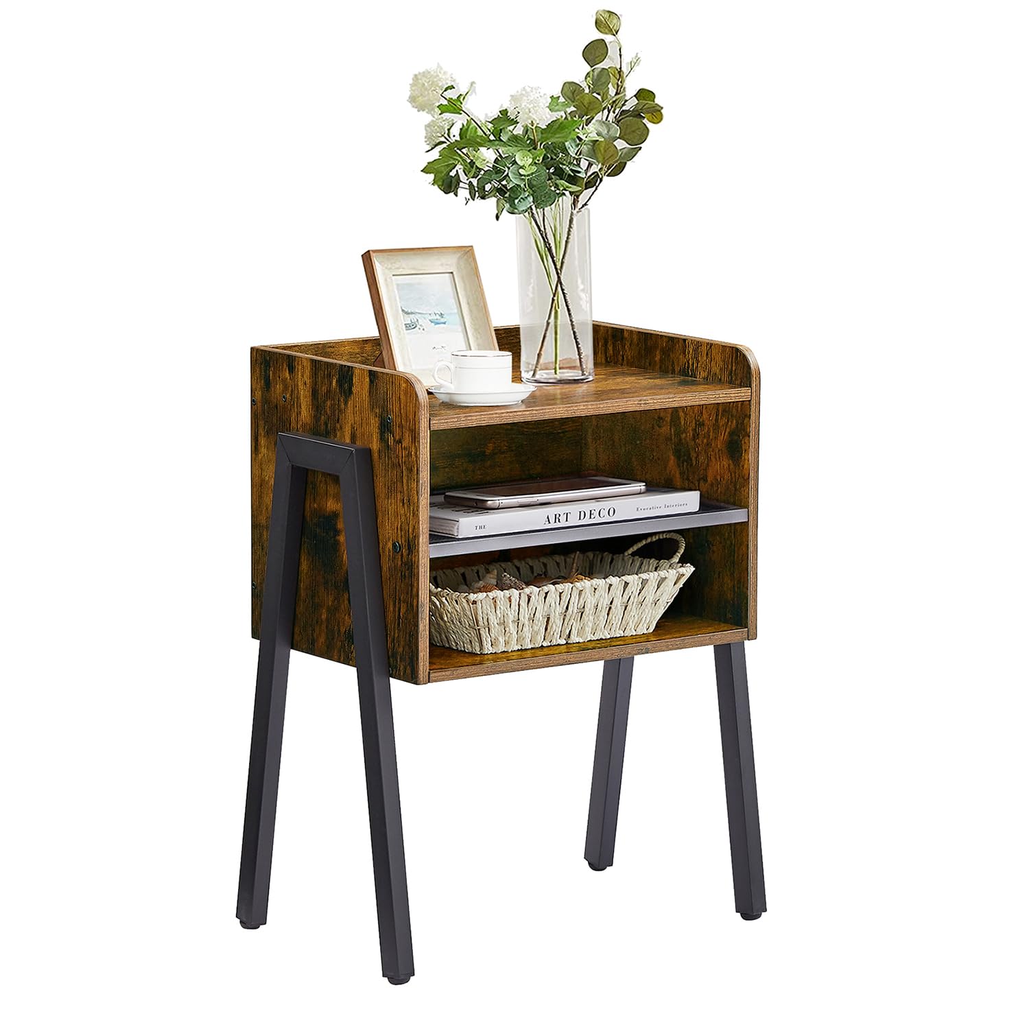 VECELO Nightstand Industrial Side Table/End Table/Stackable Accent Furniture with 2-Tier Open Storage Shelves for Bedroom, Living Room and Small Spaces