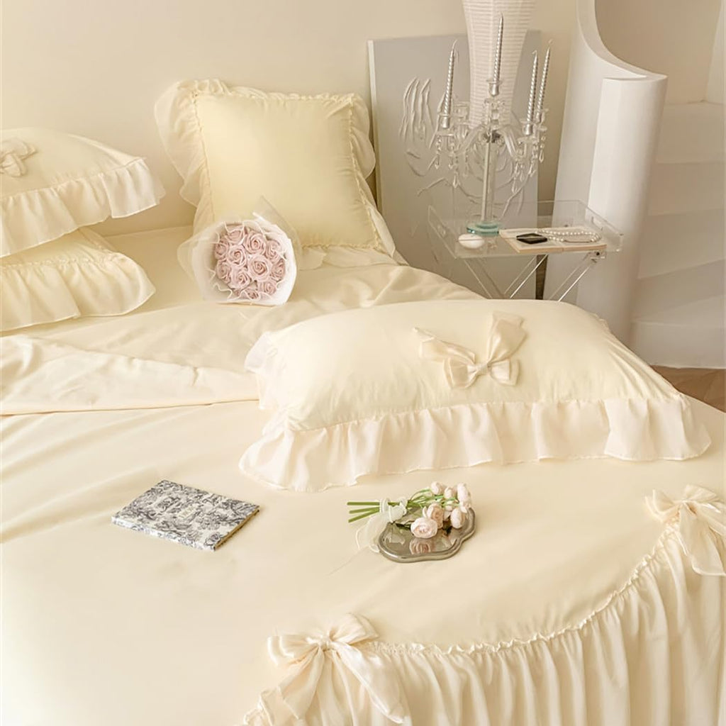 IHOUSTRIY Duvet Cover Twin Size, Ruffle Beddding Set with Bowtie, 2 Pieces Comforter Cover Set with Zipper Closure, Girl Princess Bedding with Pillowcase - Cream Yellow, Twin