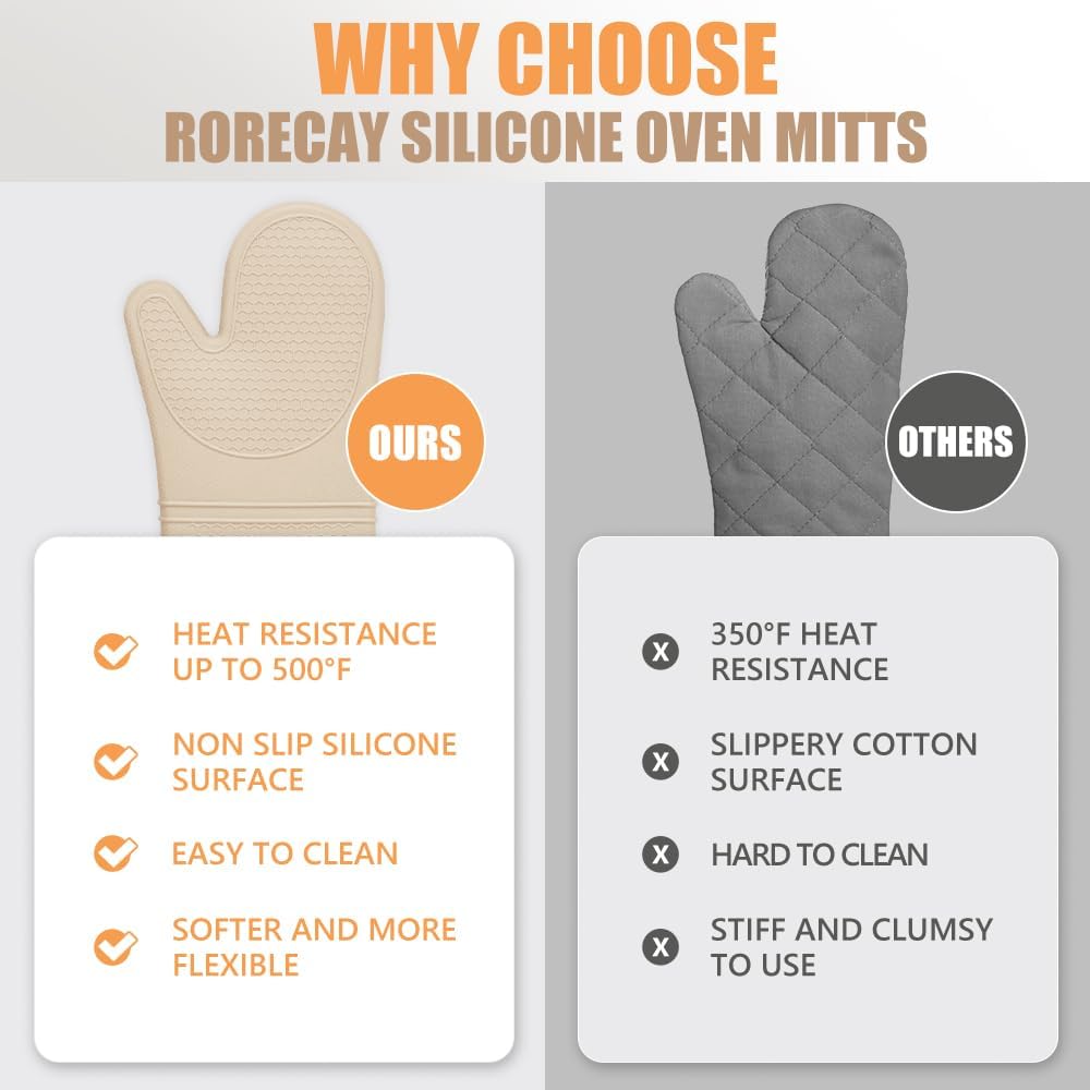 Rorecay Silicone Oven Mitts Set - Extra Long, High Heat Resistant 500°F | 6-Piece Non-Slip Kitchen Gloves