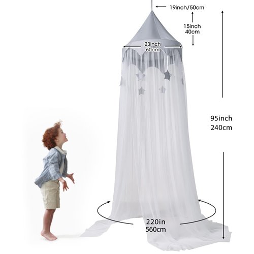 Canopy for Kids Bed with Stars, Crib Canopy with Dome, Elegant Net Hanging Fairy Girl Bed Canopy Princess Room Decoration Reading Nook Corner Curtain Fits Full Crib, Twin, Queen Play Castle Tent