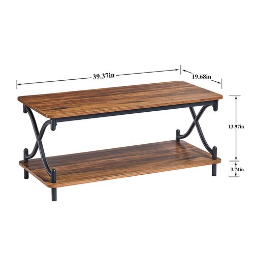 VECELO 39-Inch Coffee Table with Storage and Open Shelves for Living Dining Room, Modern Rectangle & Industrial Design, X-Shape Frame, Brown