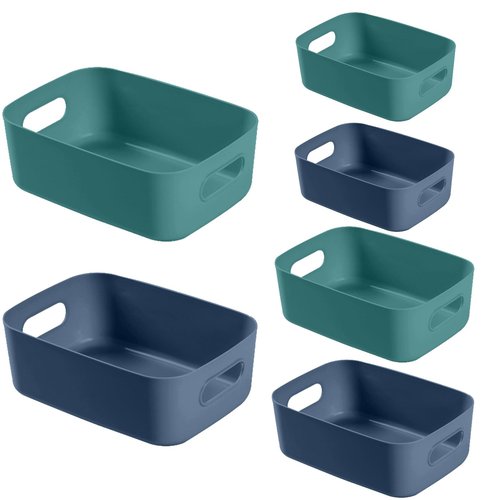 Vivikivi 6-Pack Plastic Storage Bins Baskets of 3 Sizes, Cabinet Organizer Pantry Organizing Baskets with Handles, Cupboard Box Containers for Home Kitchen Bathroom Classroom Office, Blue and Green