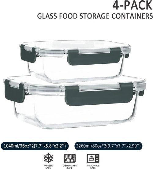 MCIRCO Extra Large Glass Food Storage Containers Set - 80 oz & 36 oz Airtight, Microwave & Oven Safe