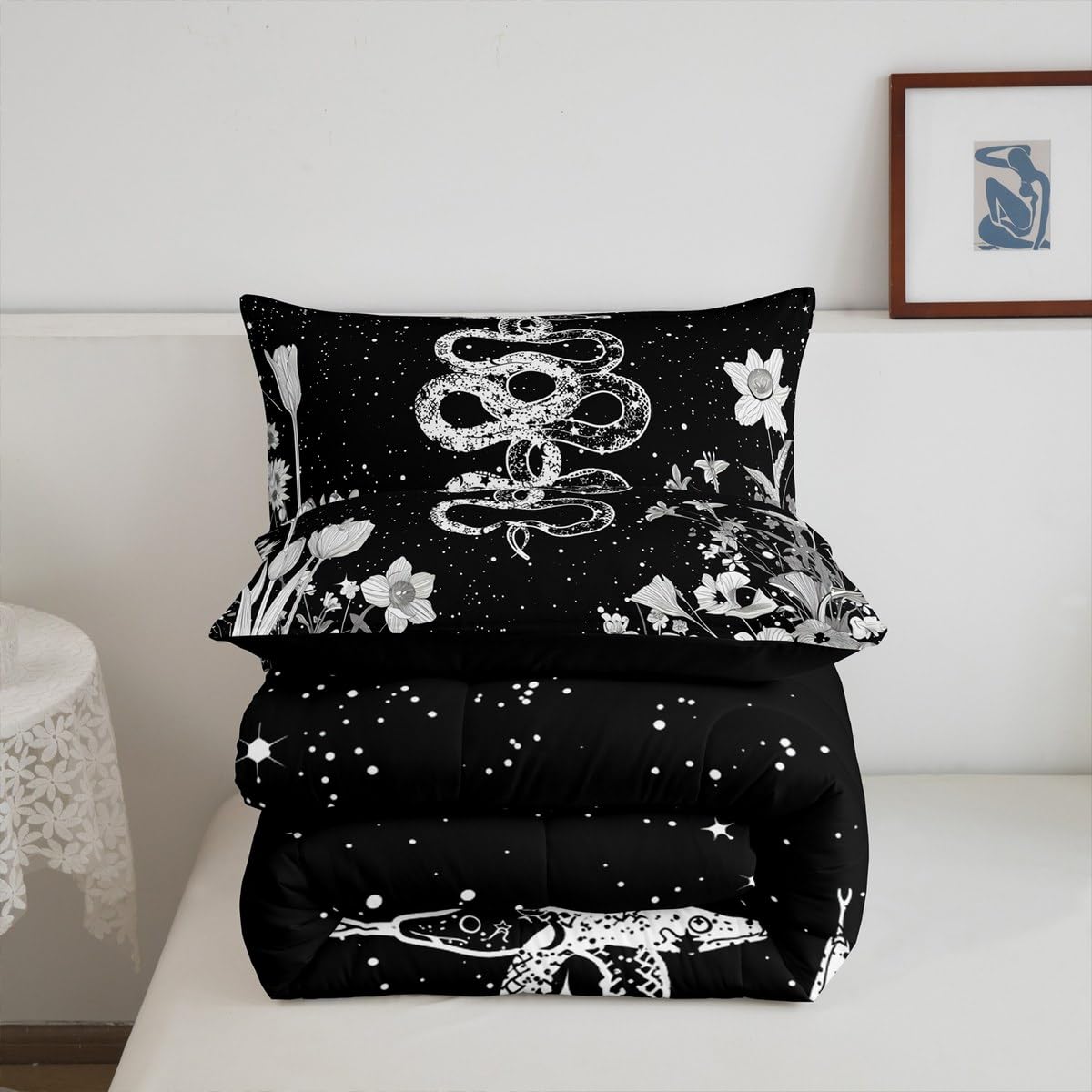 Snake Comforter Set Twin Size,Night Moon Starry Sky Bedding Set 2Pcs,Boho Flower Leaves Botanical Print Quilt Set for Kids Boys Girls Teens Room Decor Gothic Animal Duvet Insert,1 Pillowcase
