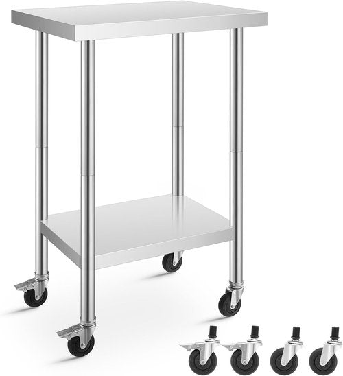 Stainless Steel Table for Prep and Work 24 x 18 Inches, NSF Metal Commercial Worktables, W/4 Caster Wheels for Restaurant, Home, Outdoor, Garden, Warehouse and Hotel