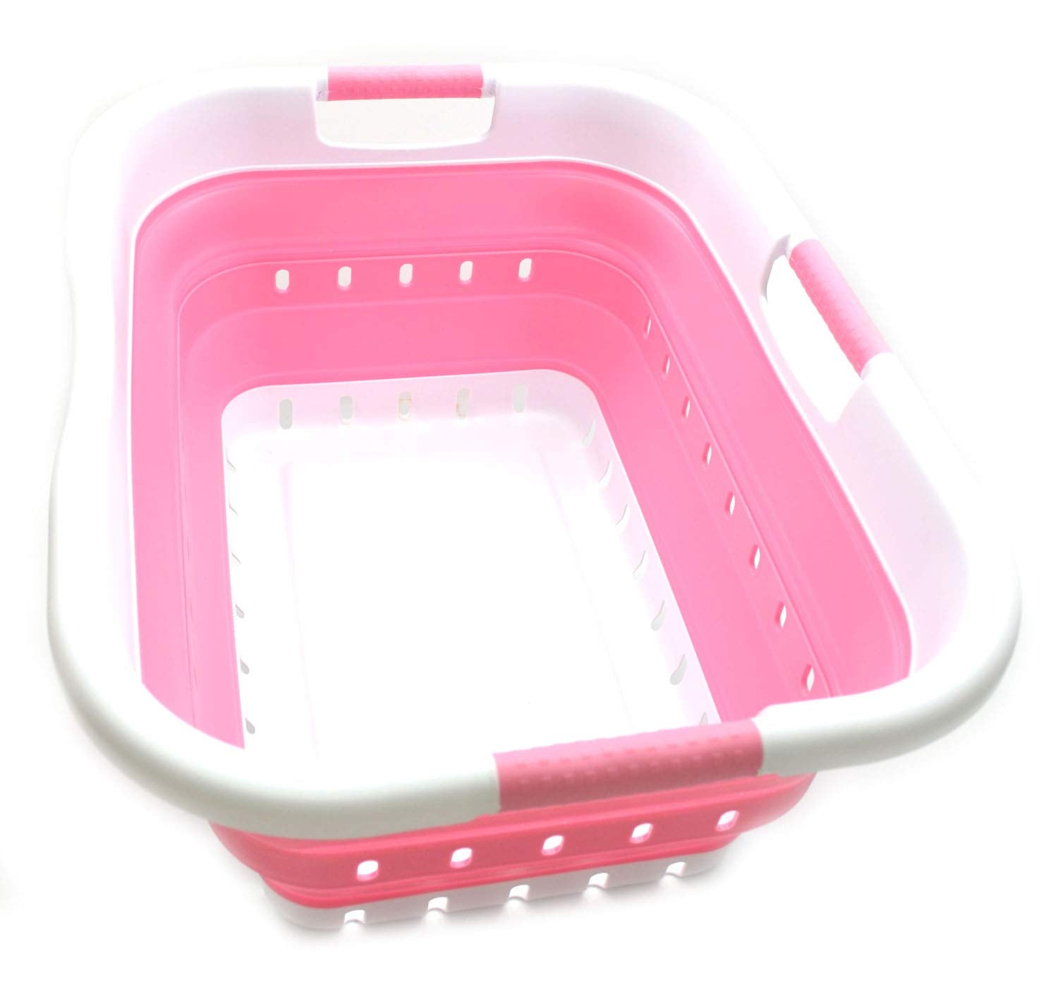 SAMMART 41L Collapsible 3 Handled Plastic Laundry Basket - Foldable Pop Up Storage Container/Organizer - Portable Basket - Space Saving Hamper/Basket (3 handled rectangular, White/Pink)