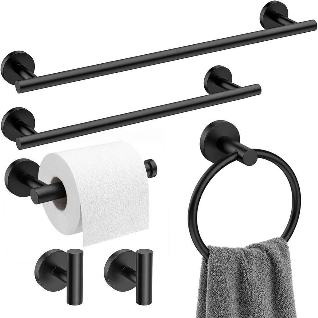 RoDzj Matte Black Bathroom Hardware Set 6-Piece, SUS304 Stainless Steel Bath Accessories Kit, Includes 24" & 16" Towel Bars, Toilet Paper Holder, Towel Ring, 2 Robe Hooks, Wall Mounted Round Style