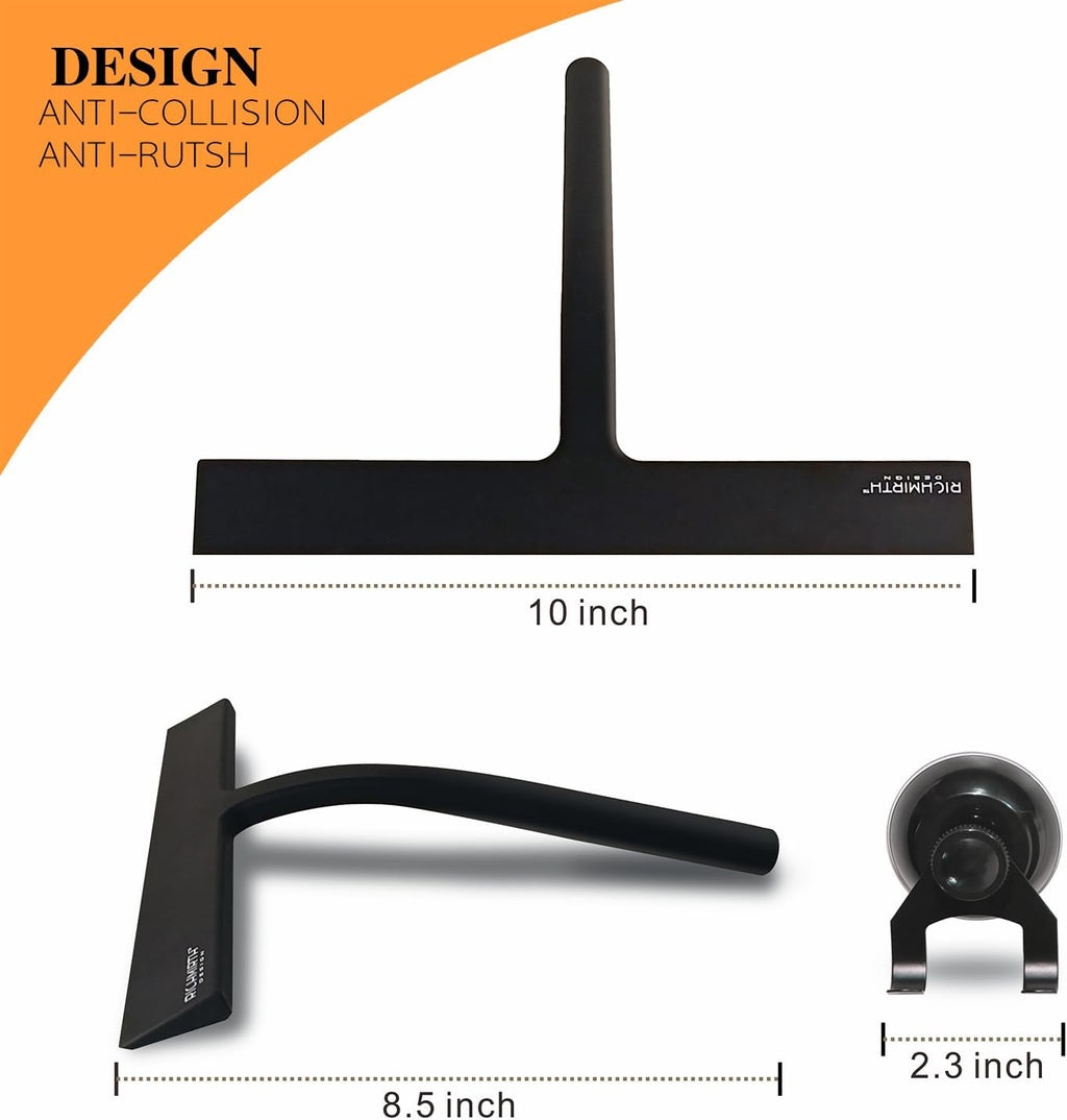 Shower Squeegee - 10-Inch All-Purpose Glass Door Cleaner with Suction Cup Hooks - Black