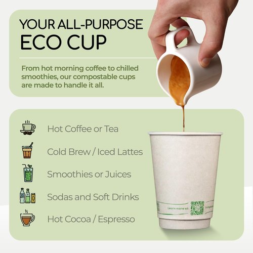 Living Balance Certified Compostable Coffee Cups with Bagasse Lids 12 oz – 75 Pack Cups with Stirrers & Integrated Sleeves | Leak Proof, BPA-Free & CPLA Certified Plant-based | To-Go cup for Drinks