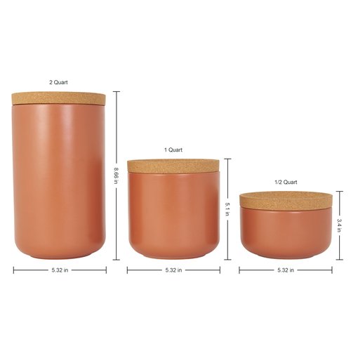 Kamenstein Ceramic and Cork Lid Stackable Canisters, Natural Cork and Terra Cotta Ceramic, Set of 3, 1/2 qt, 1 qt, 2 qt