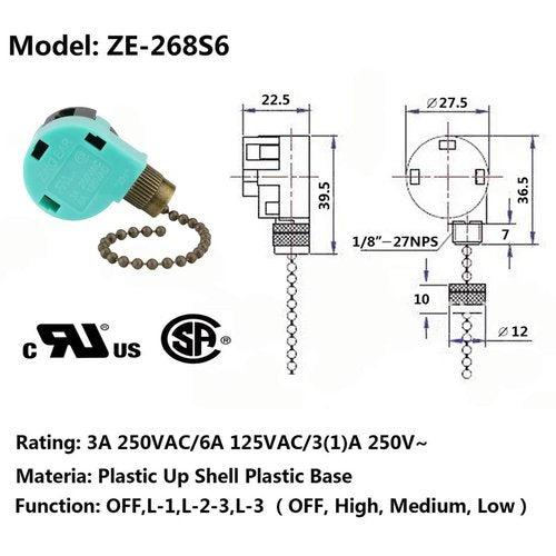 Ceiling Fan Switch 3 Speed 4 Wire Zing Ear ZE 268S6 Pull Chain Switch Control Replacement 3 Speed Control Switch Ceiling Fans, Wall Lamps, Cabinet Light, Antique 2PCS
