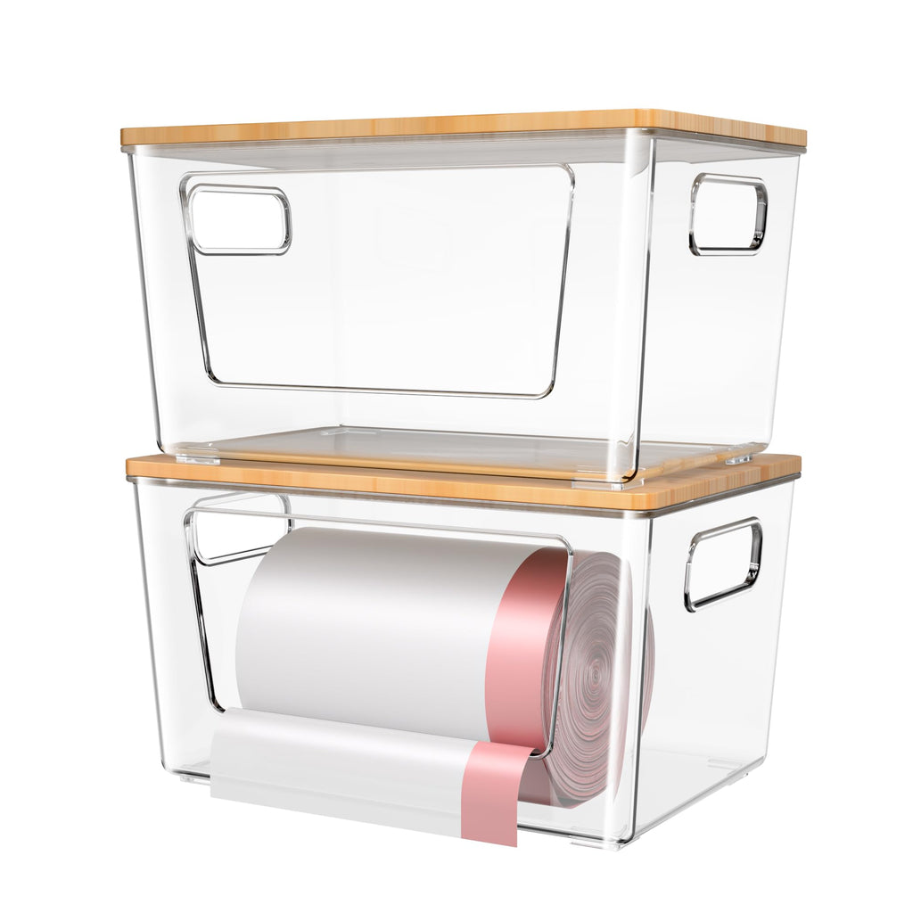spospo 2 Pack Trash Bag Holder with Bamboo Lid, Stackable Trashbag Dispenser, Extra Large Garbage Bag Holder for Kitchen Laundry Room Under Sink Organization and Storage