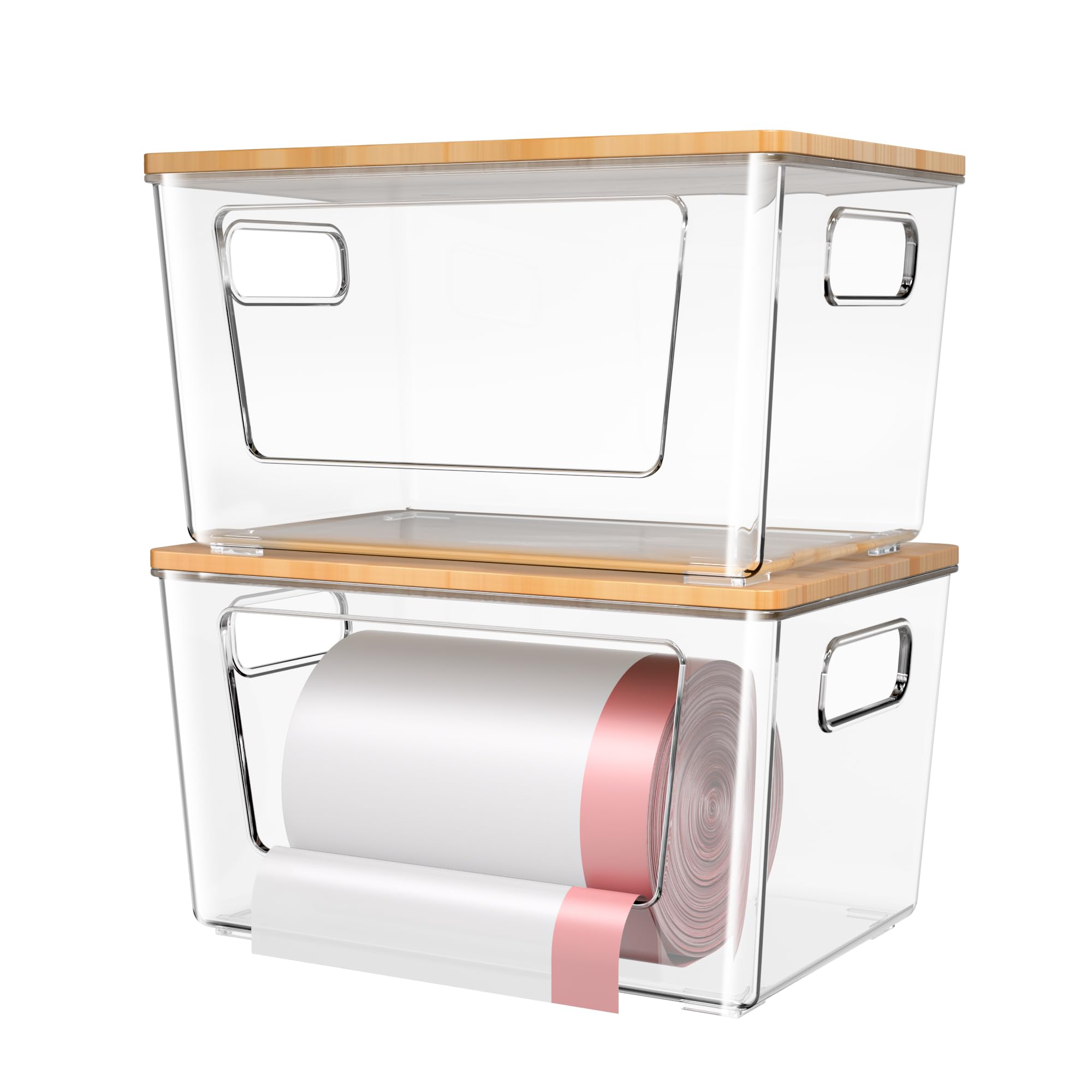 spospo 2 Pack Trash Bag Holder with Bamboo Lid, Stackable Trashbag Dispenser, Extra Large Garbage Bag Holder for Kitchen Laundry Room Under Sink Organization and Storage