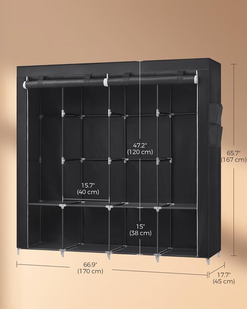SONGMICS Portable Closet, Wardrobe Closet Organizer with Cover, 4 Hanging Rods and Shelves, 4 Side Pockets, 17.7 x 66.9 x 65.7 Inches, Large Capacity for Bedroom, Living Room, Ink Black URYG094B02